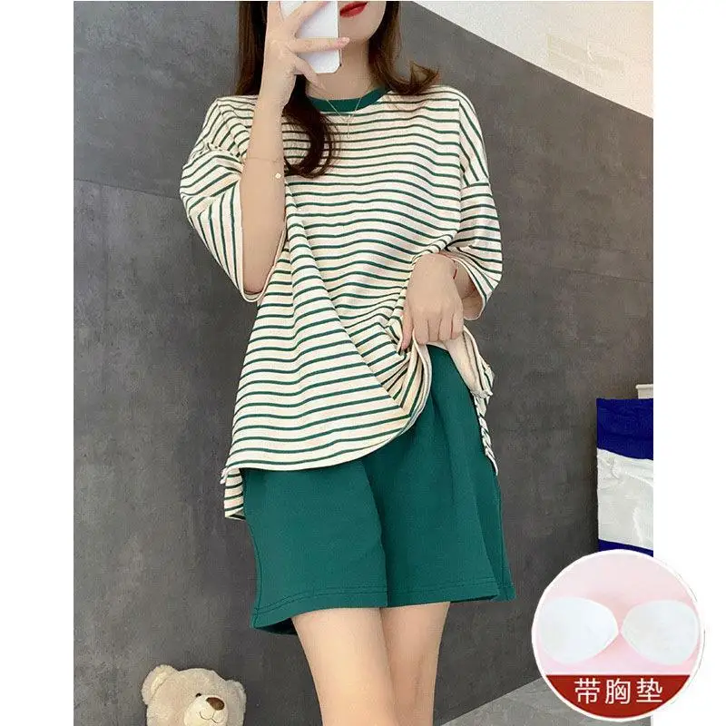 Women's Pajamas Sets Striped Pyjama with Chest Pad Summer Pijama Ladies Sleepwear Shortsleeve Top Shorts 2 Piece Pjs Homewear