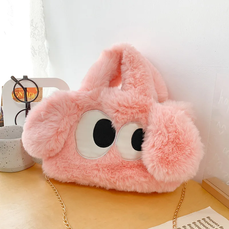 Women Winter Shoulder Plush Had-Held Crossbody Bag CuteBig-Eyed Puppy Furry Bag Trendy Cartoon Kawaii Soft Tote Luxury Handbag