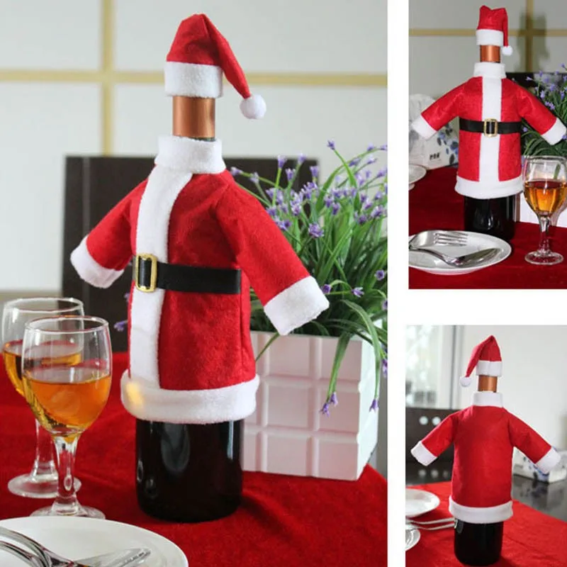 

Christmas Decorations For Home Red Wine Bottle Covers Clothes With Hat New Year Dinner Kitchen Party Decor Xmas Gifts Stocking