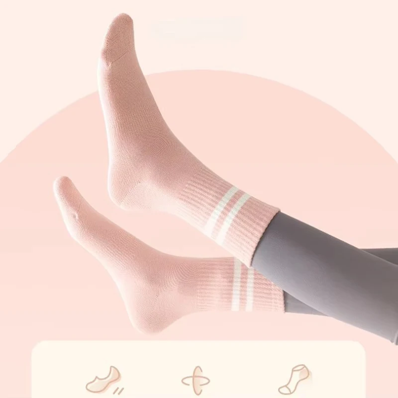 4 Pairs of Mid Tube Double Bar Striped Yoga Socks Anti Slip Dance Sports Breathable Socks Fitness Pilates Cotton Socks