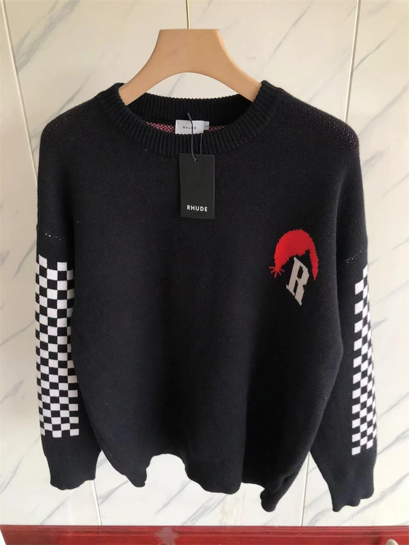 

New 23SS Round Neck Rhude Half Moon Cashew Jacquard Sweater Men Women Casual O-Neck Sweatshirts Harajuku