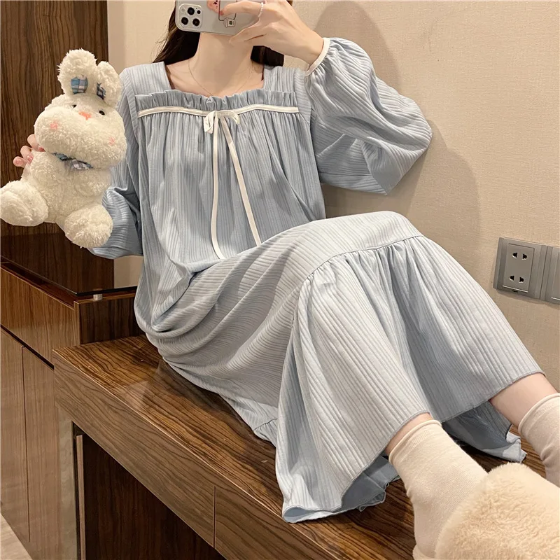 Large Size Women Dress Roomwear Autumn Nightgowns Princess Style Vintage Nightdress Loose Sleepwear Sweet Home Clothes Cozy