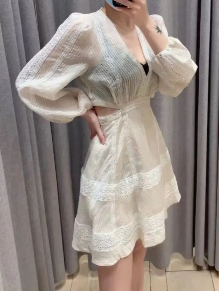 

Женское платье с кружевом, ажурное платье мини с V-образным вырезом и длинным рукавом, лето 2024