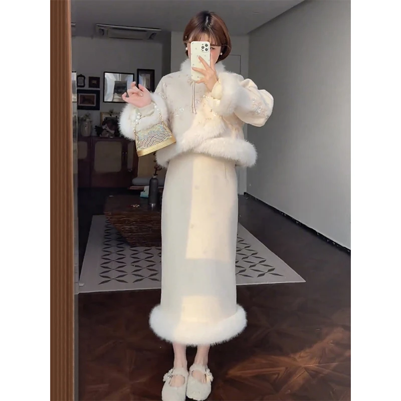 Chinese Style Fashion Commuter Long Sleeve Short Coats High Waist Slim Fit Skirt Autumn and Winter Sweet Ladies Two-Piece Set
