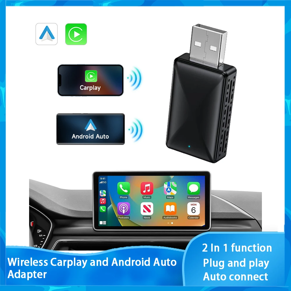 

Миниатюрный беспроводной адаптер Carplay 2 в 1 для Android, смарт-приставка с ИИ-приставкой для автомобиля, Bluetooth, Wi-Fi, автоматическое подключение проводным и беспроводным