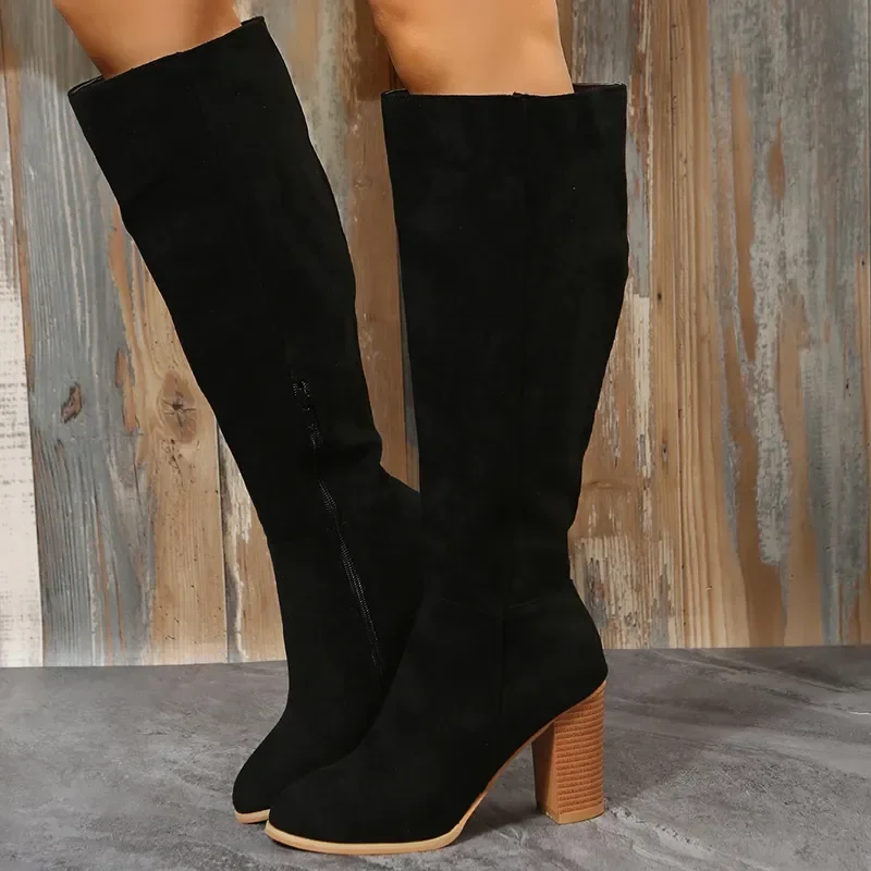 

Women Suede Knee High Boots Ladies Solid Pointed Toe Tall Boots Retro Roman High Heels Shoes 2022 Female Autumn Winter Long Boot