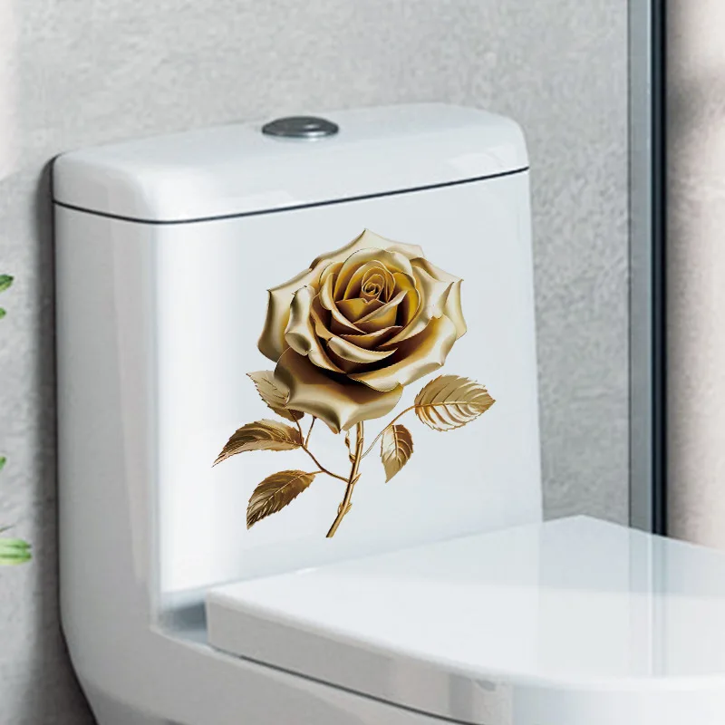 Golden Rose Toilet Stickers Bathroom Wall Sticker PVC Self Adhesive Flower WC Sticker Home Bathroom Decoration Decals
