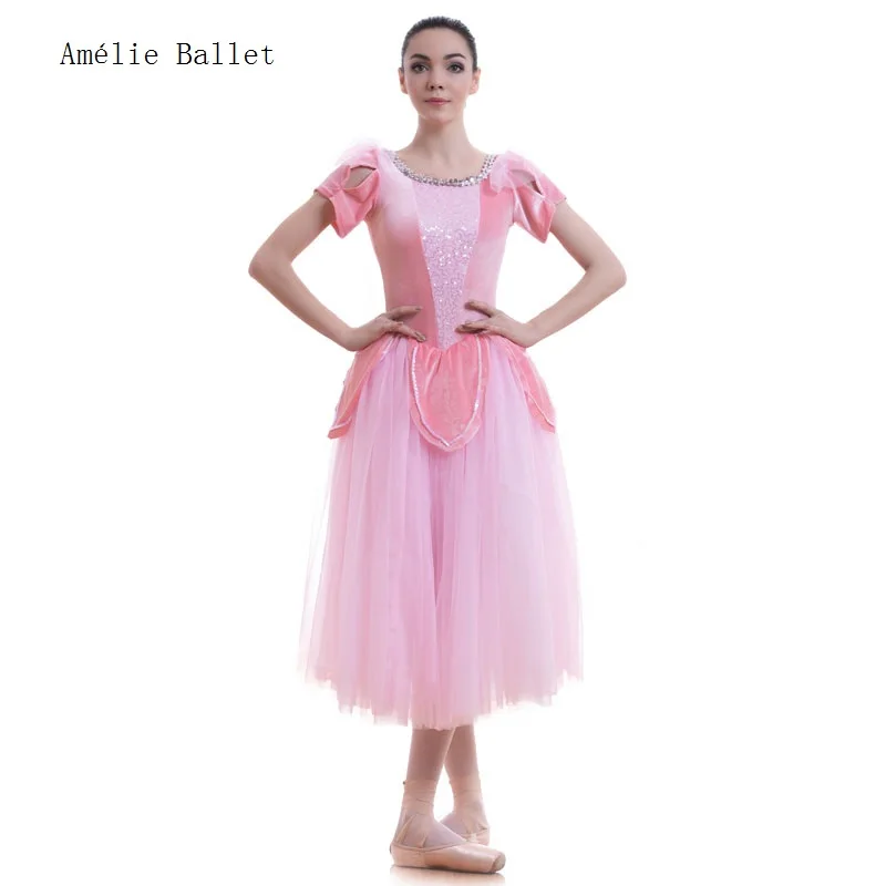 

18701 Candy Pink Short Sleeves Romantic Ballet Dance Tutu Adult Child Long Ballet Dress Velvet Bodice with Soft Tulle Tutus