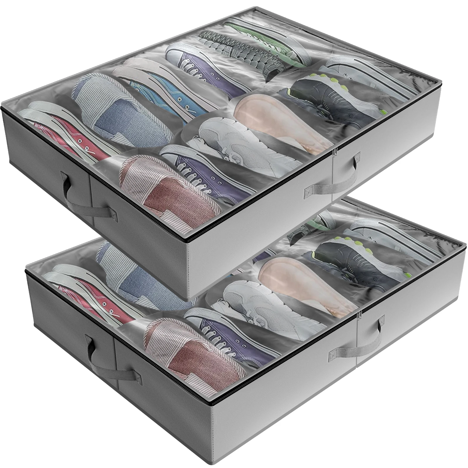 

Underbed Shoe Organizers 2 Pack- Total Fits 24 Pairs Shoe Storage Organizer Foldable Underbed Shoes Storage Boxes with Clear