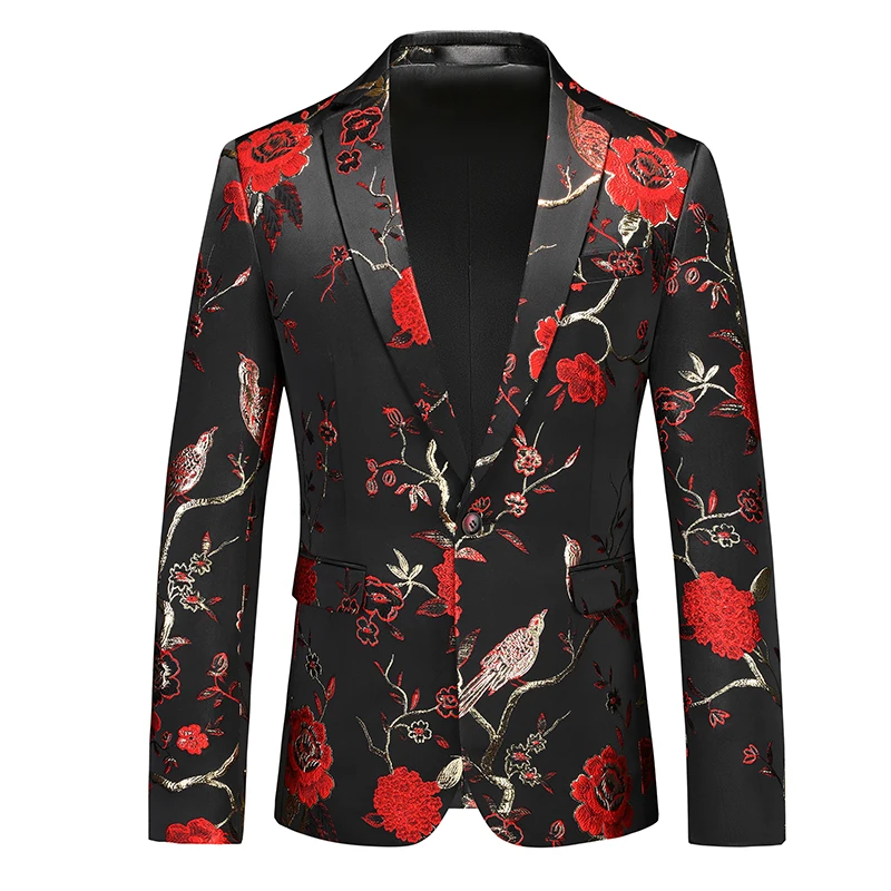 White Men's Rose Pattern Suit Jacket, Wedding Party Dress Coat, High Quality Men Slim Blazers Masculino Big Size M-6XL 5