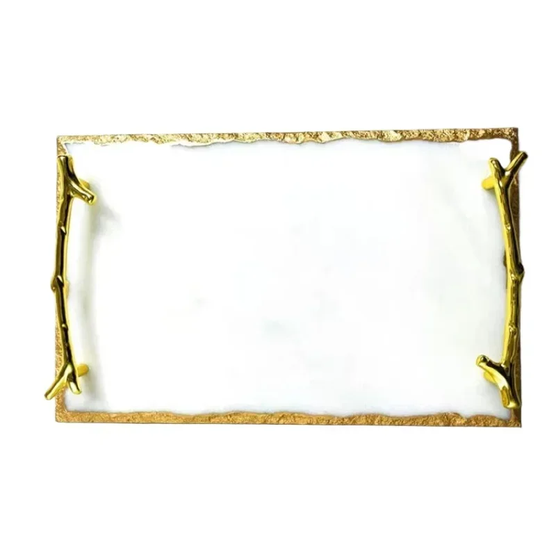 Luxury Natural Marble Branch Shaped Handle With Golden Edge Tray For Living Room And Home Items Storage And Placement 5