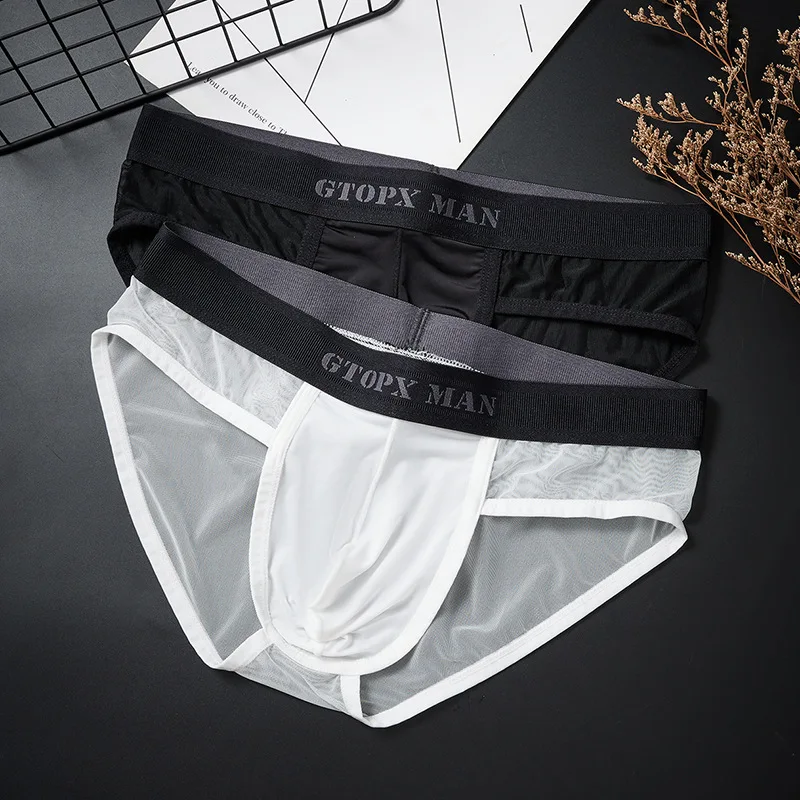 

Men's Convex Pouch Briefs for Gays Funny Panties Ice Silk Translucent Thin Mesh Single Layer Sissy Low Rise Sports Underwear New