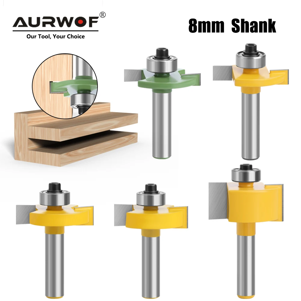 AURWOF 1 Stück 8mm Schaft T-Nut-Fräser mit Lager, Holz-Nutfräser, T-Typ Fügefräser für Holz MC02092