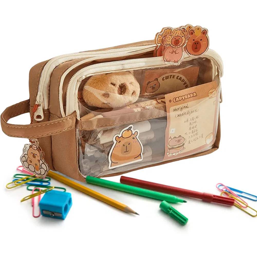 Capybara Kawaii Pencil Case Clear Pen Bag with Compartments Pencil Pouch with Sticker Pendant for Office College School