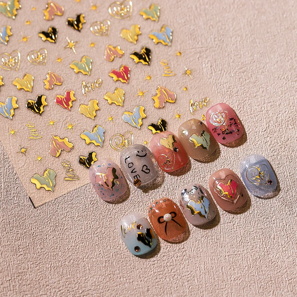 

1pc 3D Gold Stamping Love Nail Stickers Irregular Heart Adhesive Backing Stickers Three-dimensional Stickers for Manicure
