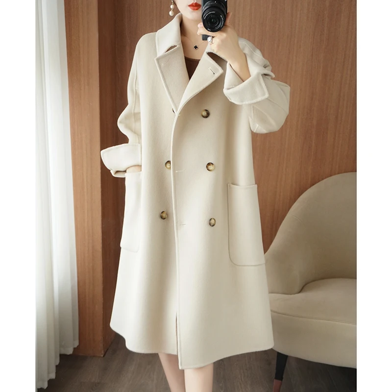 Autumn Winter New Double Sided Woolen Coat Women's V-Neck 100% Pure Wool Loose Medium Length Thickened Pocket Temperament Coat 2023 summer dress women s new temperament celebrity fashion o neck print medium length dress elegant office vestidos