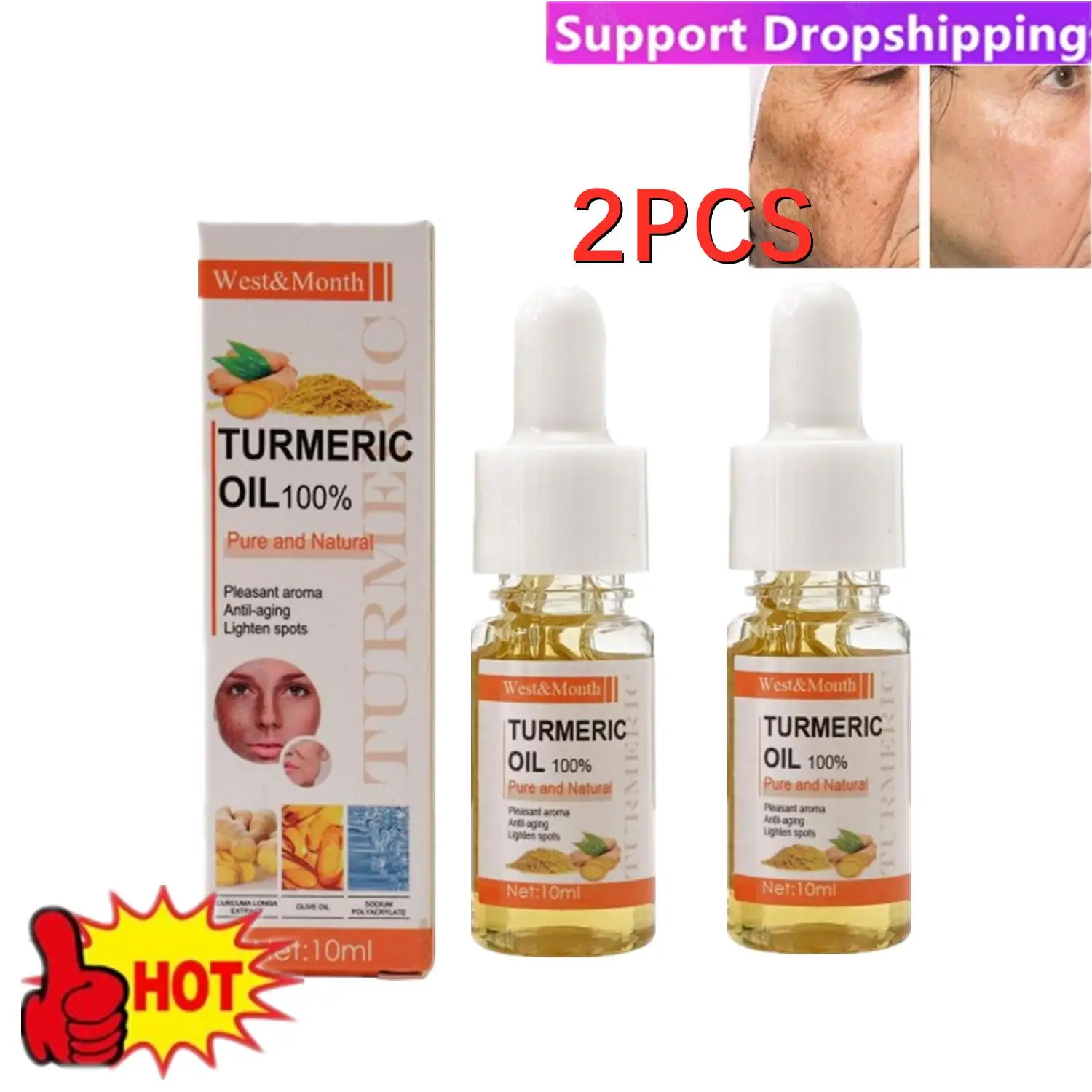 2PCS Turmeric Freckle Whitening Oil Serum Curcumin Oil Brighten Faded Dark Spot Removal Pigment Improve Roughness Skin Care 10ml