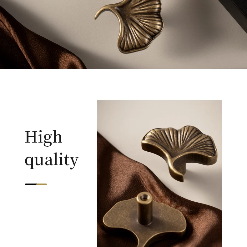 round antique brass dresser knob with ginkgo leaf design
