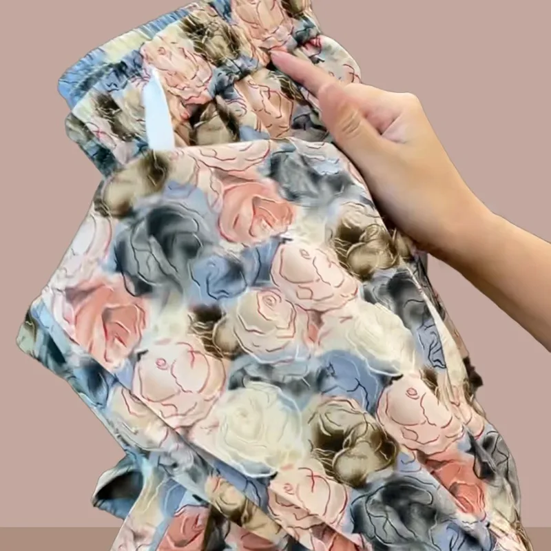 Summer New Ice Silk Korean Women's 2024 Panel Elasticized Drawstring Pocket Printing Fashion Loose Strap Versatile Casual Pants