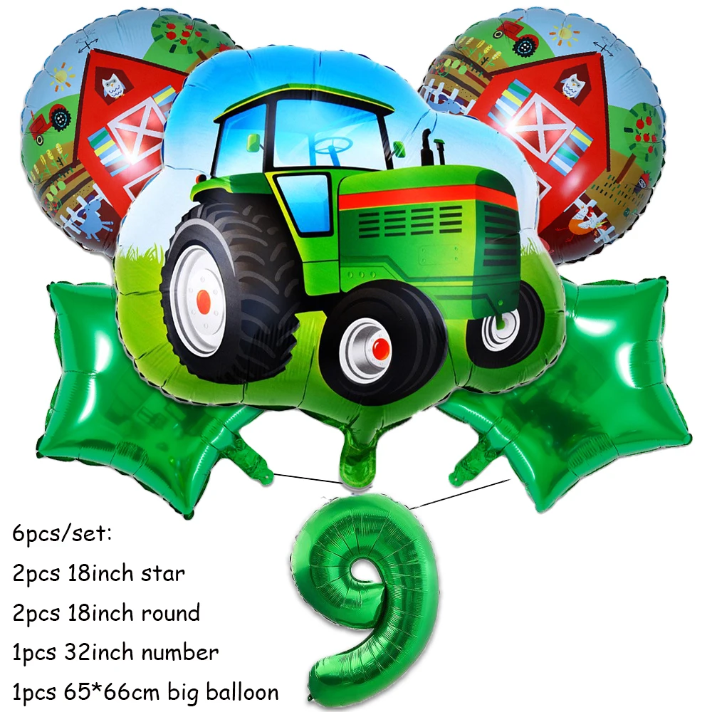 Green Farm Tractor Birthday Party Tableware Set with Banner, Balloons, Cups, Plates, and Napkins