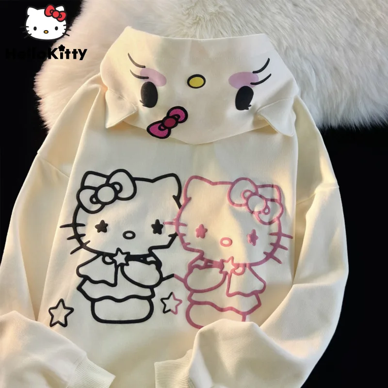 여성용 헬로 키티 스타 캐주얼 후드티, 산리오 루즈 스위트 귀여운 소녀 맨투맨..