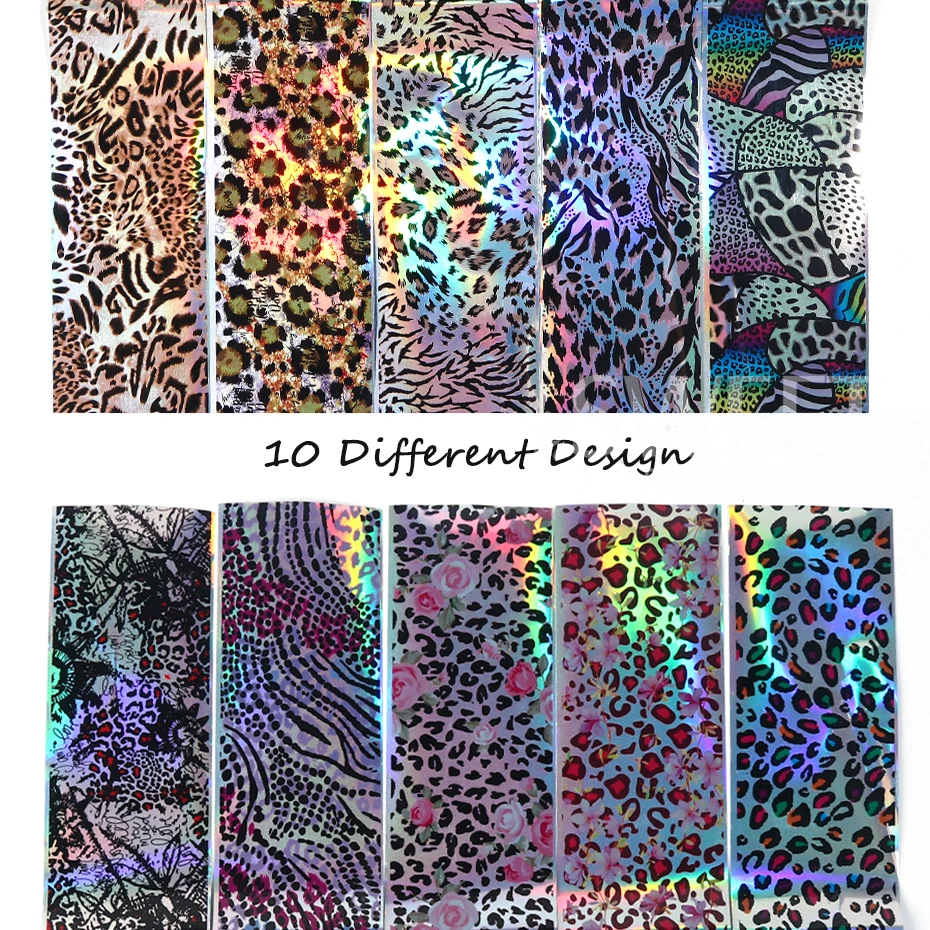 10pcs Laser Leopard Print Nail Transfer Foils Winter New Year Animal Skin Pattern Starry Paper Sticker Sexy Charm Manicure Decal