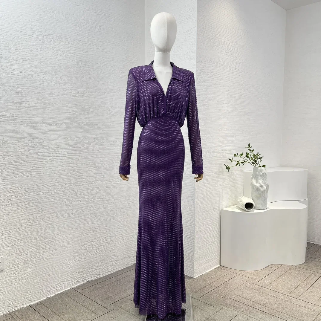 

2024 New Spring Summer Diamonds Purple Violet Ankle Length Slim Fit Mermaid Long Dress for Women