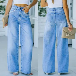 Wome luz azul denim lavado branqueado calças perna larga reta calças longas cintura alta casual solto indie roupas estéticas jean