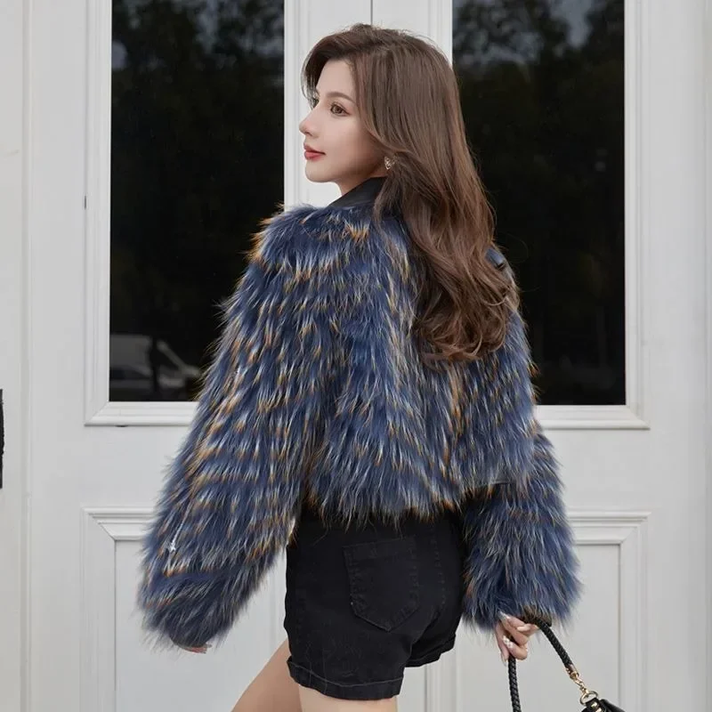 

Новинка 2024, модная осенне-зимняя куртка, роскошное Женское пальто из енота, изысканная короткая женская одежда с высокой талией
