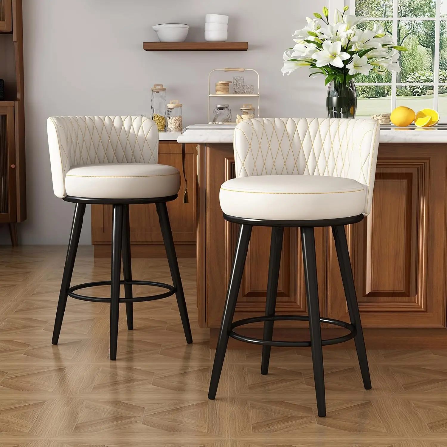 Bar Stools Set of 4, 27 Inch Barstools with Sturdy Legs, Leather Farmhouse Counter Height Bar Stool
