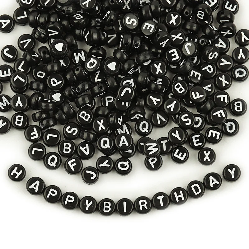 Amaney 1600pcs Acrylic Letter Beads - 4x7mm White With Black Letters, A-Z, Numbers, Hearts, Stars For Jewelry Making