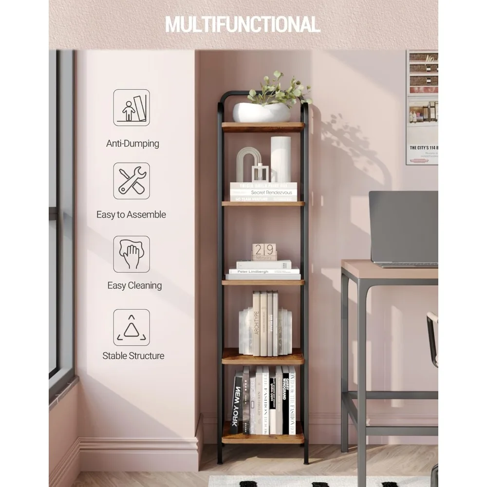 Narrow Book Shelf, Industrial Corner Shelf Storage Organizer, Slim Shelving Unit for Home Office, Living Room5-Tier, Bookcases 3