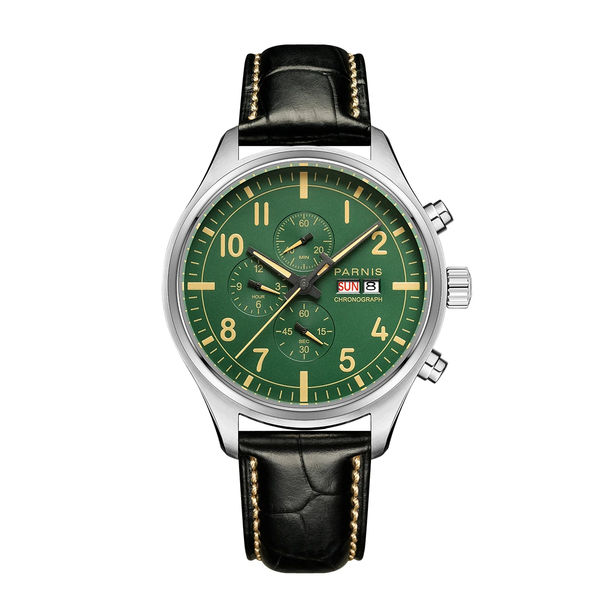 

Fashion Parnis 43mm Green Dial Quartz Men Chronograph Watch Leather Strap Calendar Men's Sapphire Crystal Watches reloj hombre
