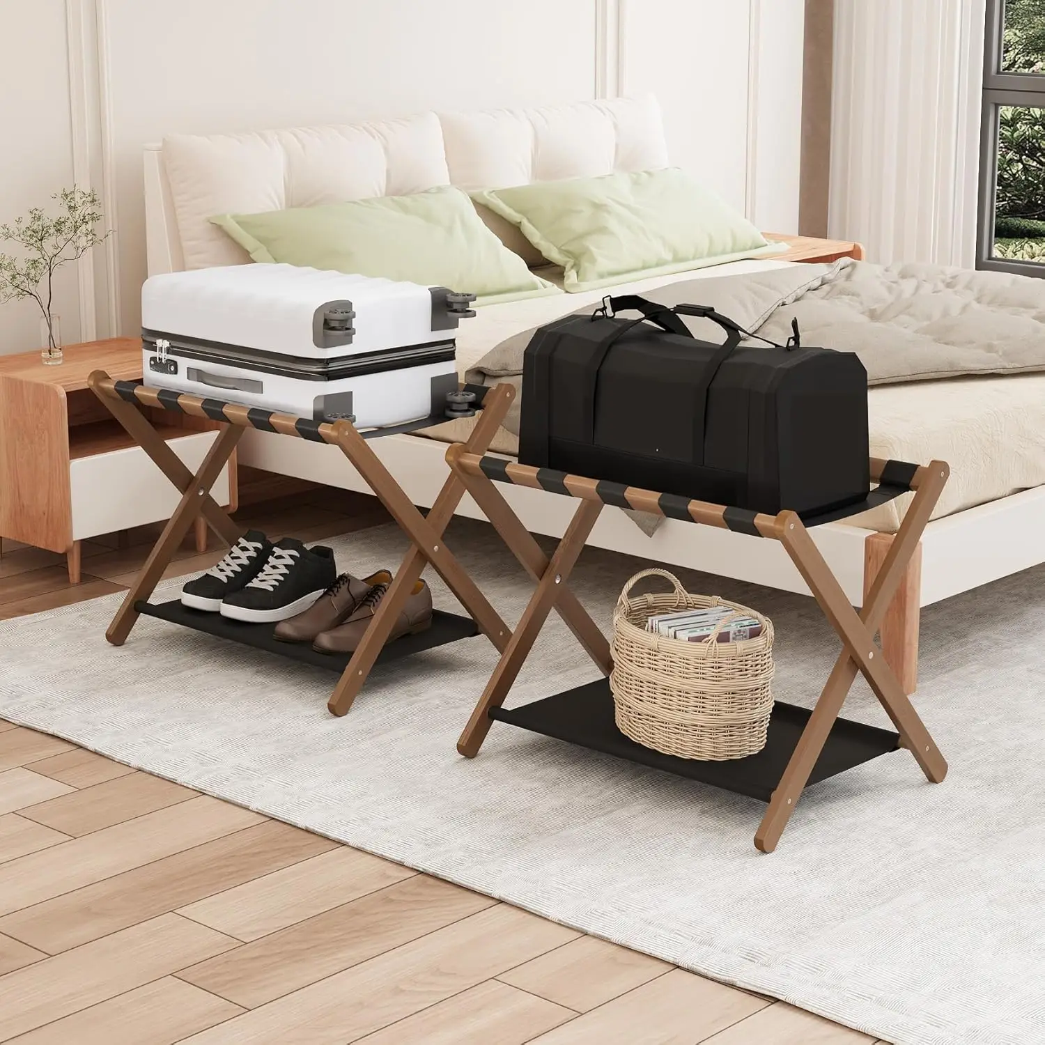 Walnut Bamboo Luggage Rack Pack of 2, Foldable Suitcase Stand with Storage Shelf, Easily Assembled Luggage Stand with 5 Nylon