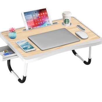 Extra-large multifunctional folding desk, portable multi-color wooden laptop bed desk with cup holder, suitable for work, readin 1