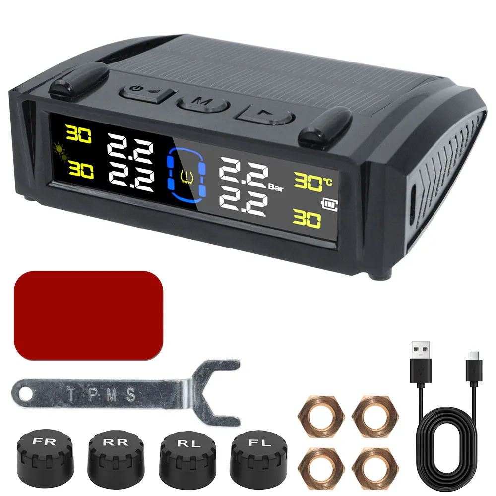 Universal Auto Solar TPMS with Car Security and Temperature Warning Features