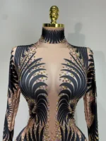 Sexy Long Sleeves Print Rhinestone Jumpsuits Drag Queen Show Stage Performance Costume Women Evening Party Nightclub Rompers - Image 5