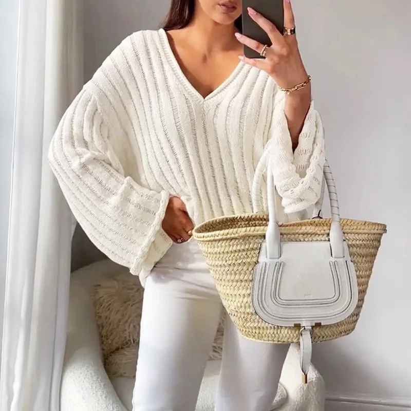 

Fashion Long Sleeve White Tops 2023 Casual Solid Knitwear Autumn/Winter Loose Pullover Office Lady Sweater Sueters Mujer 29453