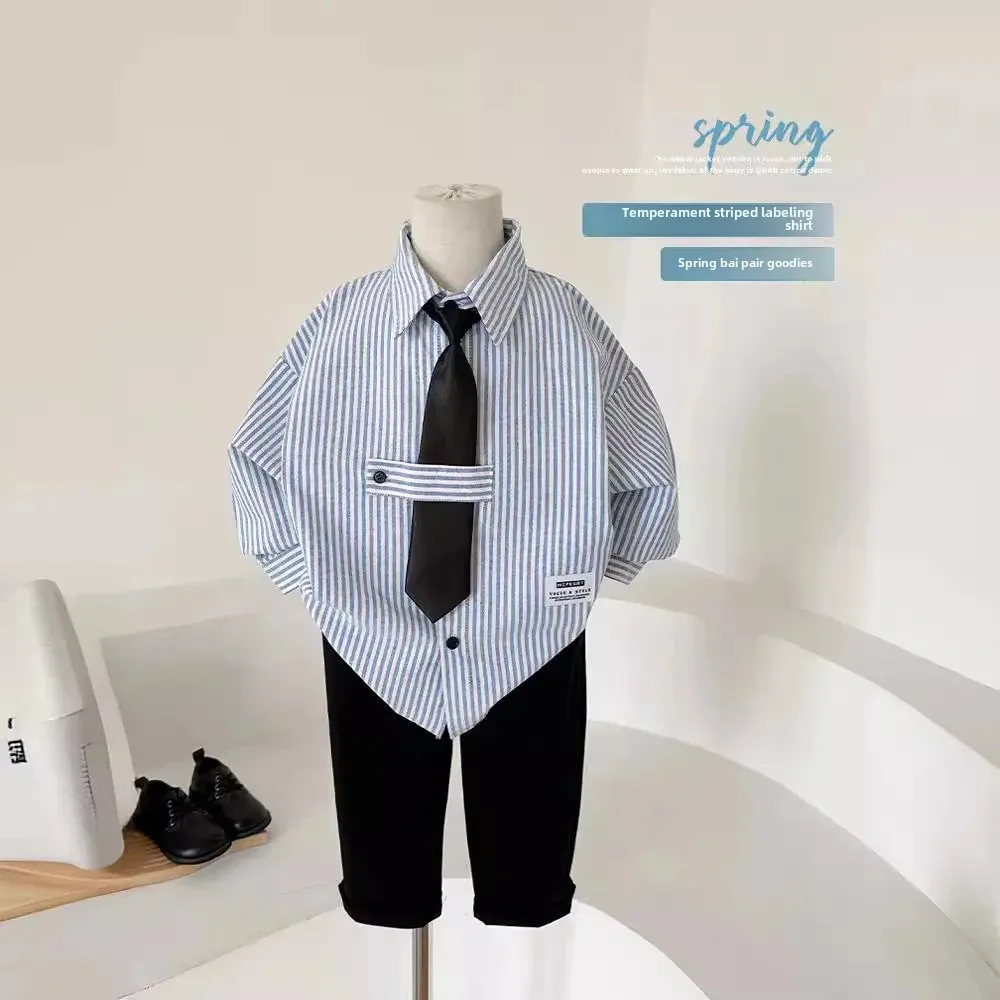 Baby Boy Preppy Striped Cotton Shirt Inner Wear Tie Jacket Children's Outfit West Style Coat Male Toddler College Fashion
