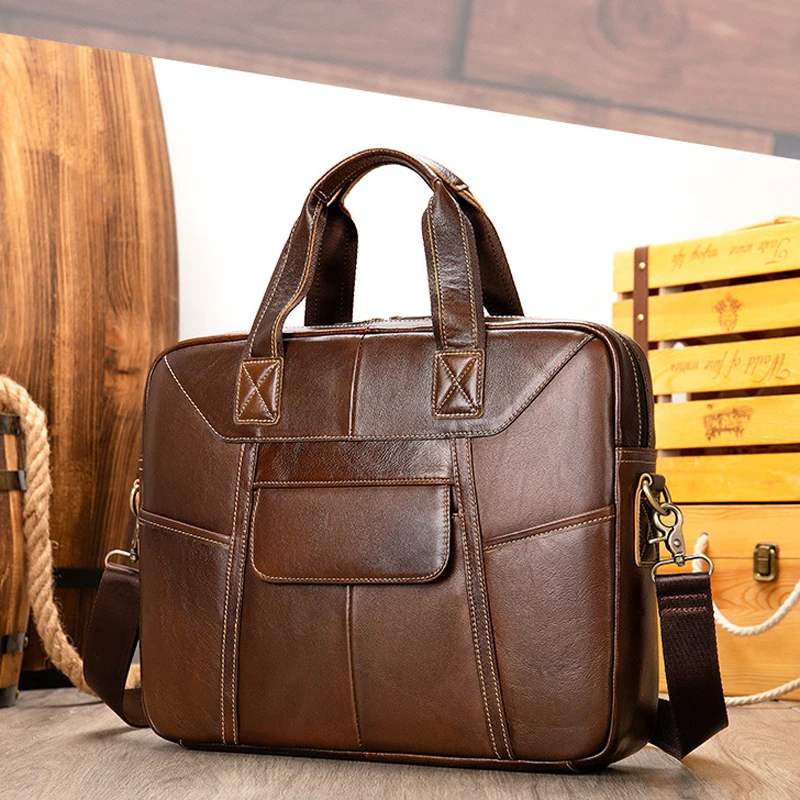 

Vintage Man Handbag Briefcase Men Shoulder Genuine Leather Bags Brown Business Fashion 15 Inch Laptop Bag
