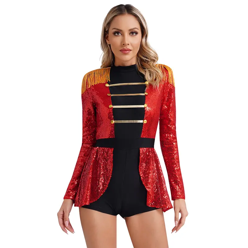 Women Circus Costume Ringmaster Tulle Skirted Tutu Leotard Dress Festival Long Sleeve Fringed Shoulder Halloween Fancy Costume - Image 11