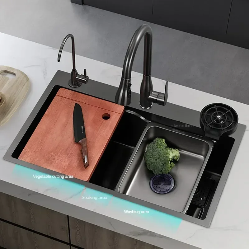 Kitchen Nano Coating 304 Stainless Steel Large Groove Square Sink Vegetable Washing Basin Topmount Workstation Drainage Set