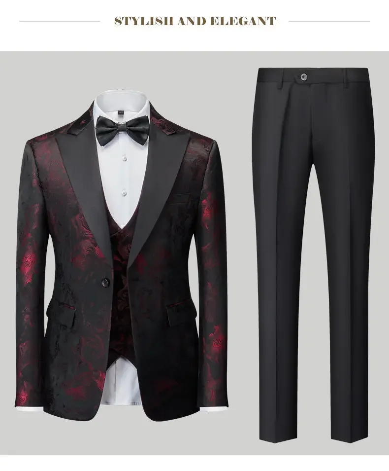 

New Jacquard Suits Set For Man Red Gentlemen Costume Groom Wedding Party Gown Business Casual Male Suits Blazer+Vest+Pants