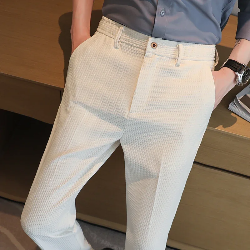 Waffle Casual Suit Pant Spring Men Elastic Waist Formal Classic Pants Green Black White Office Social Slim Trousers Homme 29-38