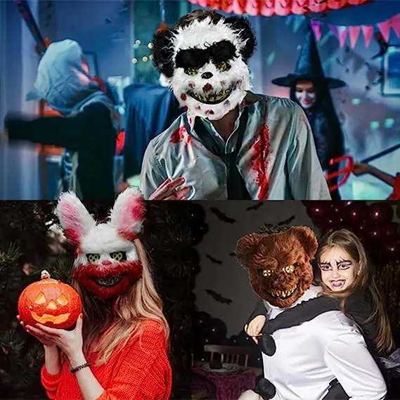 Full Face Mask Bloody Plush Rabbit Mask Simulated Bloody Bear Head Horror Facepiece Cosplay Prop Halloween Ghost Festival Role Dressing Adults