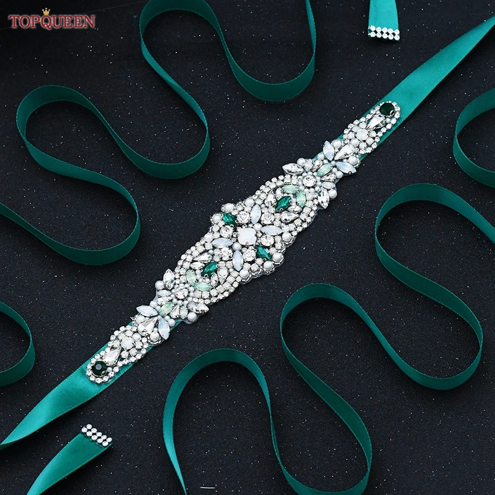 TOPQUEEN Bride Belt Green Stones Rhinestone Prom Dresses Bridesmaid Sash Wedding Accessories Moroccan Caftan Belt Appliques S452