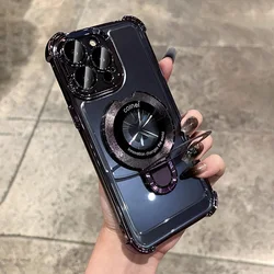 Enhanced Plating Magnetic Ring Stand Shockproof Clear Phone Case with Magsafe Holder - iPhone 14 (Deep Purple)