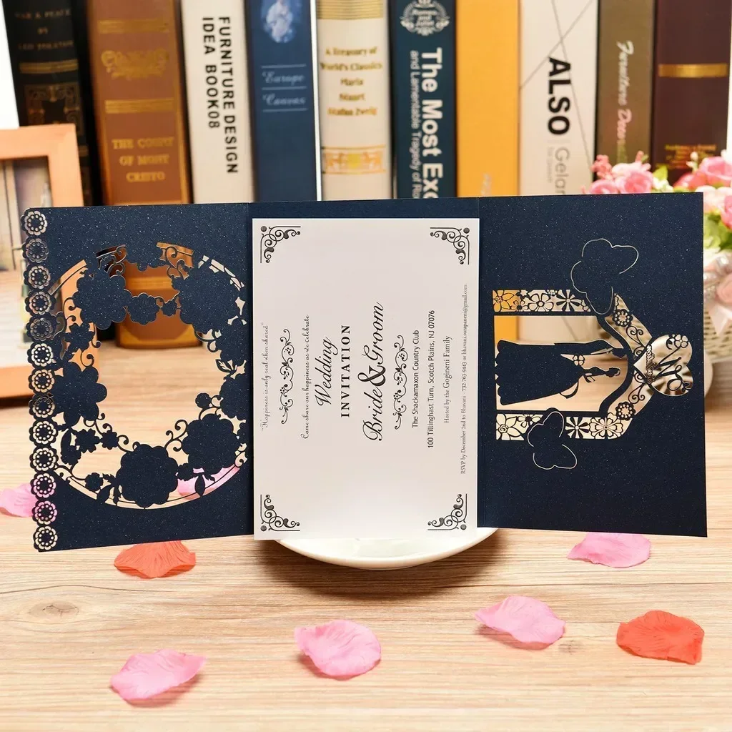 Wedding Invitation Cards 10pcs/pack Flower Bride Groom Hollow Out 250gsm Shiny Pearl Paper Card Holders greeting cards