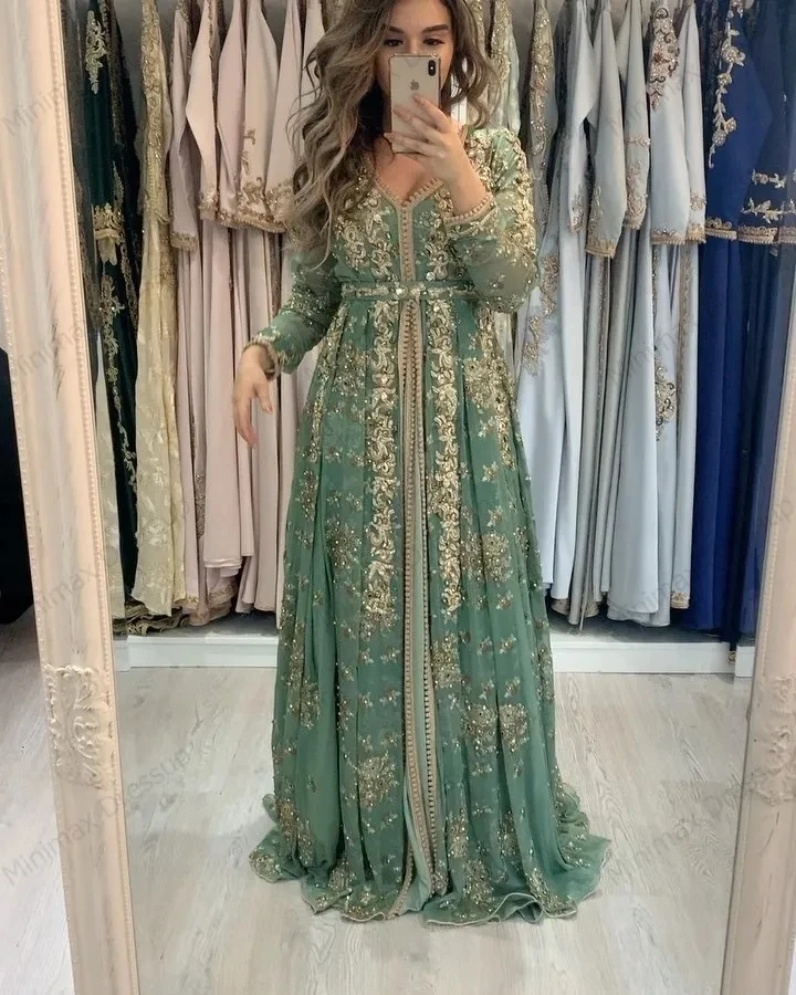 

Elegant Moroccan Kaftan Formal Evening Dresses Gold Lace Appliques A Line Arabic Muslim Sage Special Occasion Dresses Floor Leng