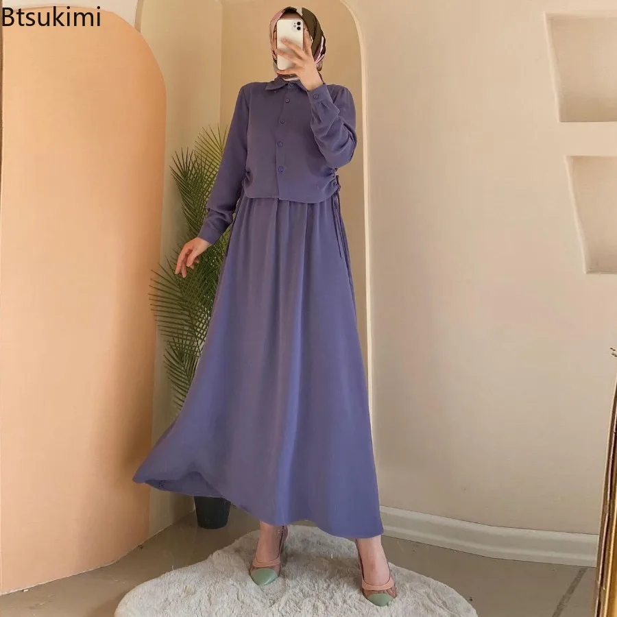 

2024 Muslim Shirt Tops with Long Skirt Set for Women Ramadan Islam Dubai Solid Loose Casual Dress Two Pieces Female Modest Abaya
